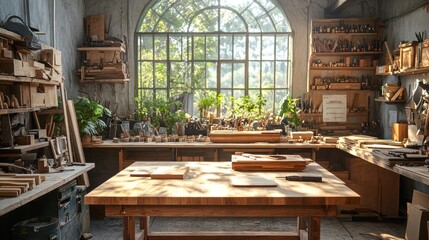 A sunlit woodworking shop filled with tools and wooden creations.