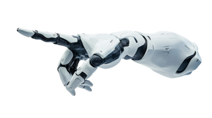 Advanced White Cyborg Hand Pointing Forward, Sleek and Precise, Isolated on White and Transparent Background