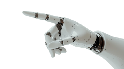 Precision White Cyborg Robotic Hand Gesture Pointing Forward, Isolated on White and Transparent Background