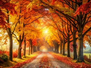 Fototapeta premium Autumn Path: Golden Canopy of Leaves - Double Exposure Photography