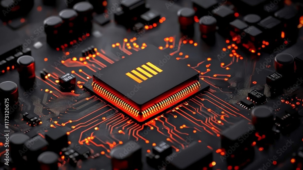 Poster central processing unit: close-up of a powerful cpu glowing with warm light, nestled within intricat