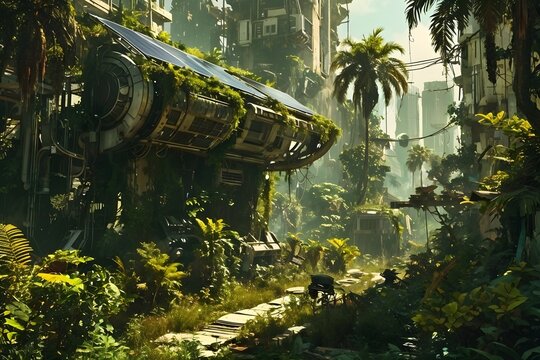 Solarpunk tropical forest landscape in the sun dystopian