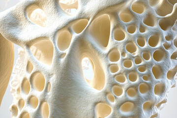 A detailed illustration of a fragile bone affected by osteoporosis, showing its porous structure, with copy space. Soft medical lighting. Plain clinical background.