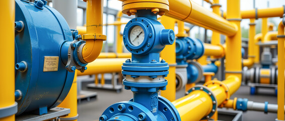  Gas Pipeline System with Valves and Pressure Gauge: Industrial Infrastructure for Energy Distribution. Natural Gas Supply, Fuel Industry Concept.