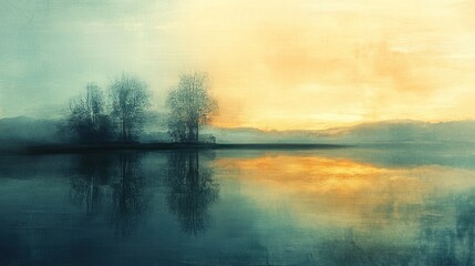 Fototapeta premium A serene landscape at dusk with trees reflecting on a calm body of water.