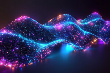 Glowing particle wave flowing in dark space, reflecting on surface