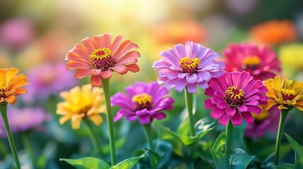 Vibrant colorful zinnias blooming in sunlight.