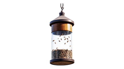Bird feeder hanging in a backyard, filled with seeds, attracting birds during a sunny afternoon.