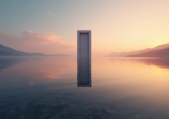 Surreal door standing alone on calm water at sunset with mountains in the background