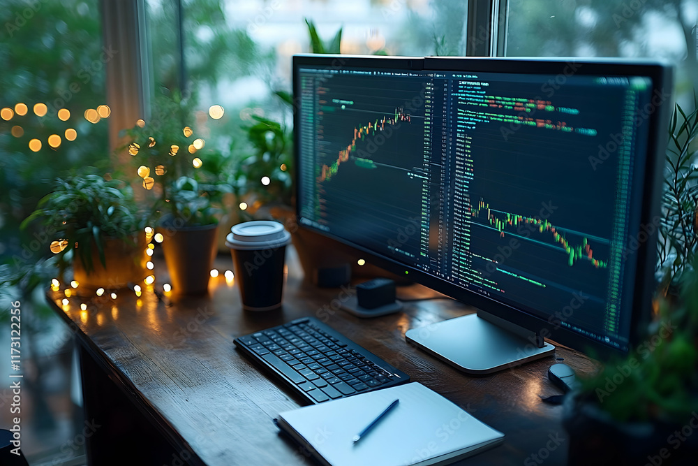 Aufkleber cozy home office workspace with dual monitors displaying stock market data and code, surrounded by p