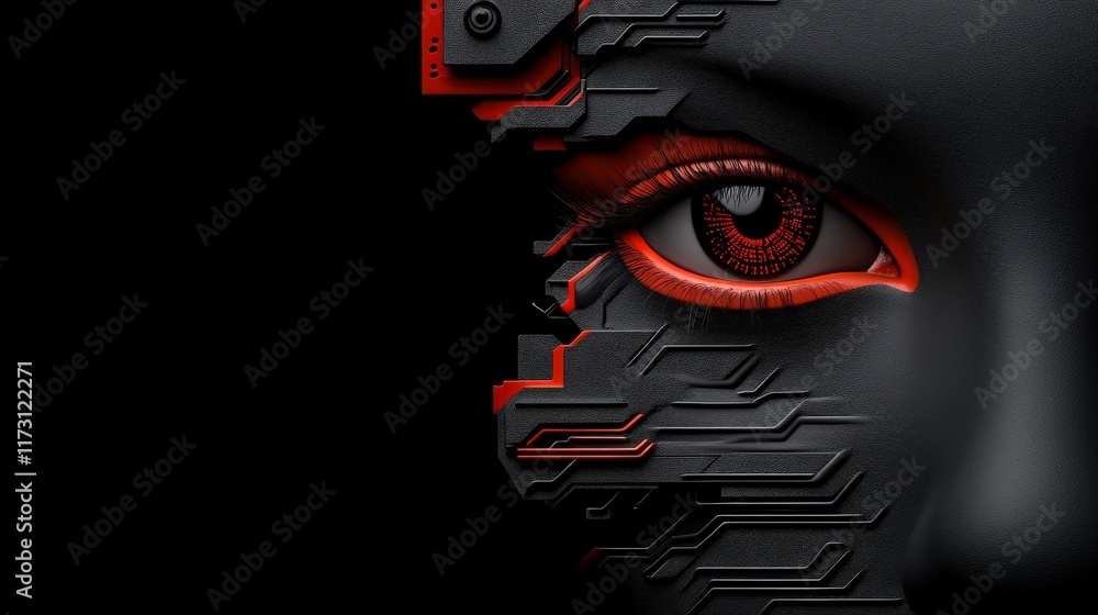 Poster digital eye: close-up of a robotic eye, showcasing intricate circuitry and a glowing red iris, a cap