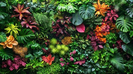 Lush vibrant tropical foliage wall with diverse plants and flowers.