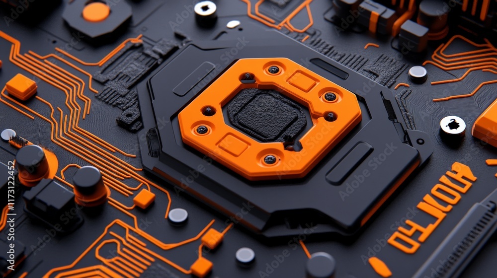 Poster circuitry of innovation: a close-up view of a futuristic motherboard, showcasing intricate circuitry