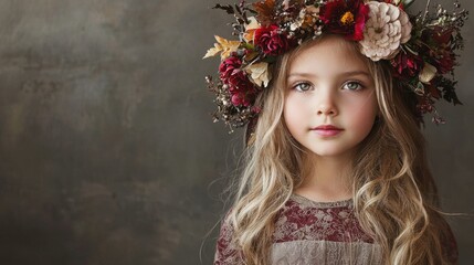 Fototapeta premium A Portrait of a Young Girl Wearing a Flower Crown