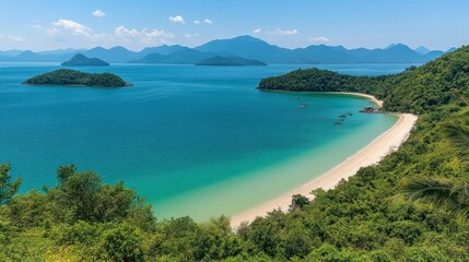 Fototapeta premium Serene Coastal Paradise: Island Bay and Lush Tropical Foliage