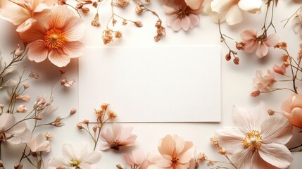 A wedding invitation card mockup surrounded by pastel flowers.