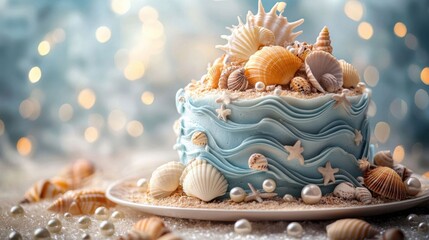 A whimsical cake with seashells.