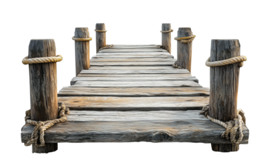 old weathered wooden pier, seaside dock boardwalk isolated on white transparent background, rope on posts, cutout png