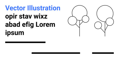 Minimalist black line art trees with circular canopies next to abstract text elements in a modern layout. Ideal for web design, posters, invitations, branding, presentations, brochures, and social