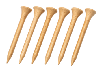 Six wooden golf tees isolated with transparent background