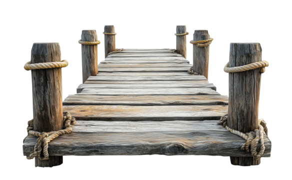 old weathered wooden pier, seaside dock boardwalk isolated on white transparent background, rope on posts, cutout png