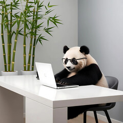 A panda working on a laptop in a modern home office, with bamboo plants and sleek minimalist furniture in the background.