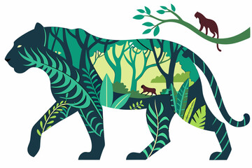Wildlife Conservation Illustration - Panther Silhouette with Jungle Ecosystem Design.
