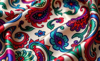 A luxurious silk fabric draped with a vibrant paisley pattern showcasing rich colors and intricate details