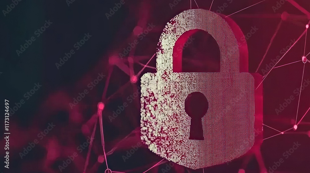 Aufkleber digital security: a pixelated padlock in a network