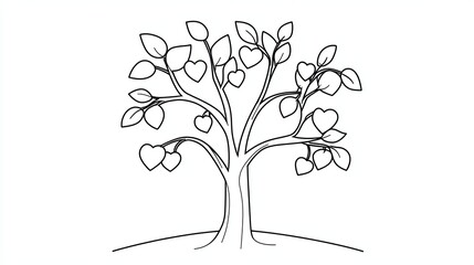 Line drawing of a tree with heart-shaped fruits.