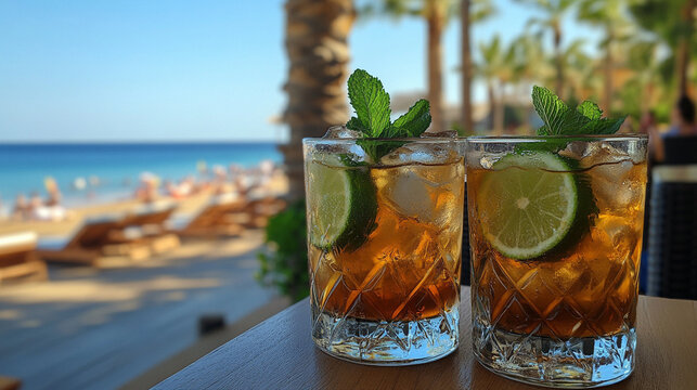 Drinki z limonką i miętą na plaży, generative ai 