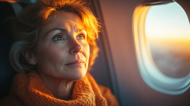 Kobieta podr&oacute;żująca samolotem siedzi przy oknie, generative ai 