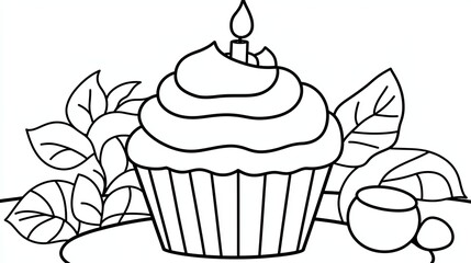 Line art drawing of a cupcake with candle and leaves.