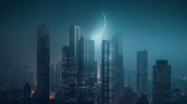 Insomnia Night: City Skyline Under Crescent Moon and Misty Atmosphere