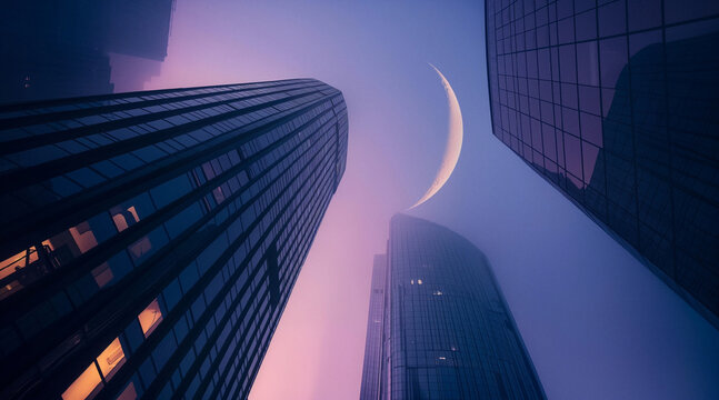 Insomnia Night: Crescent Moon Over City Skyscrapers at Dusk