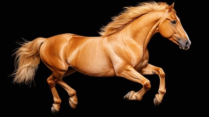 Golden palomino horse galloping against a black background.
