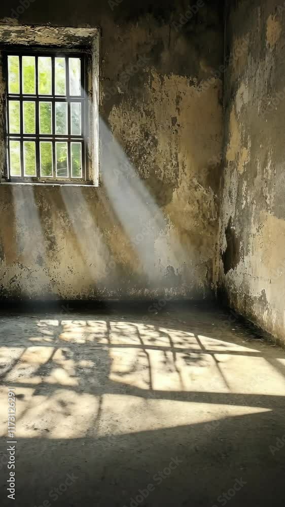 Poster light rays filter through a dusty window in an abandoned room, casting shadows on the cracked walls 