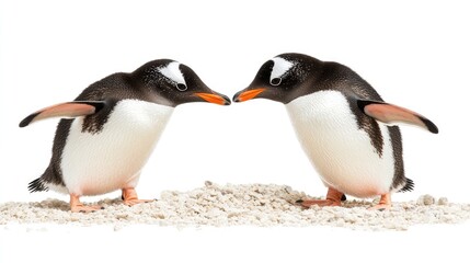Obraz premium Two penguins facing each other on sandy ground, showcasing their playful interaction.