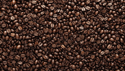 Fototapeta premium Rich dark coffee beans spread out, highlighting their texture and shine in a close-up view suitable for coffee enthusiasts and culinary displays