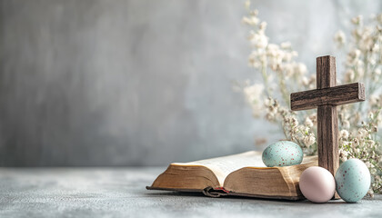 Easter eggs, Bible and cross on abstract pastel spring background