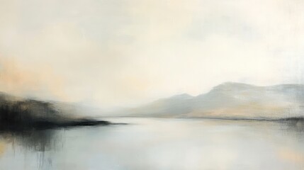 Fototapeta premium A serene landscape painting depicting soft hills and a calm waterway under a hazy sky.