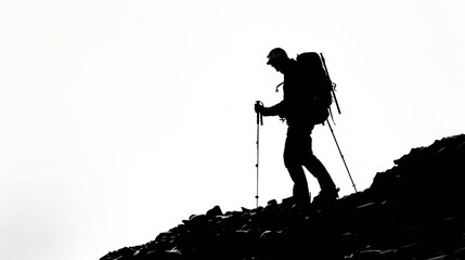 Silhouette of a mountain hiker on a white background