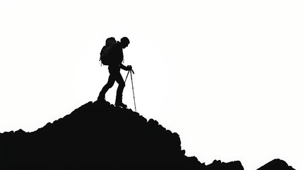 Silhouette of a mountain hiker on a white background