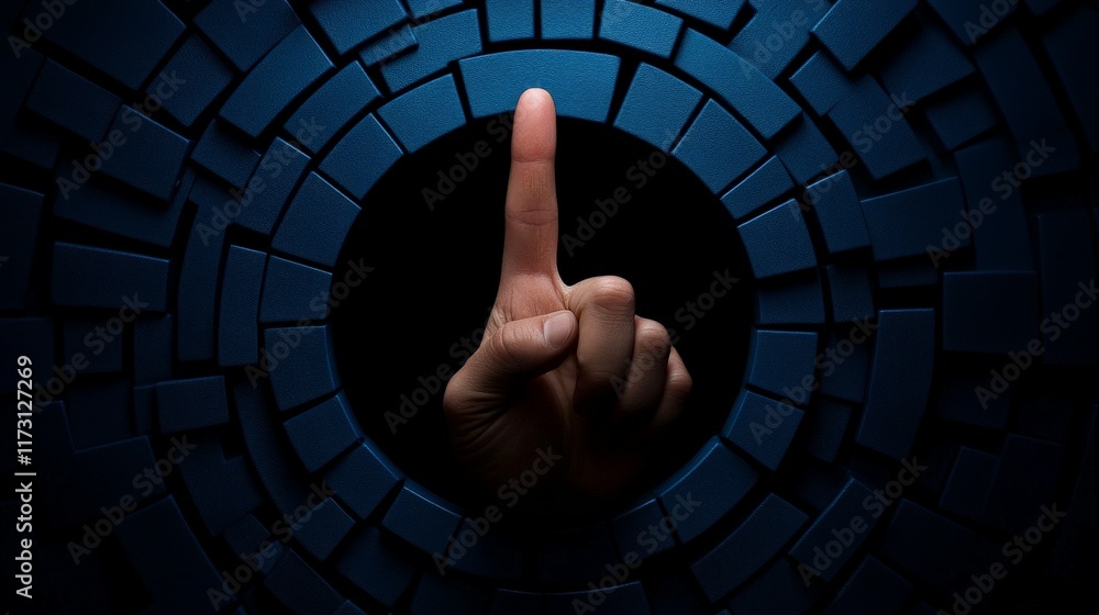 Poster finger pointing through a digital portal: a single finger emerges from a futuristic, abstract backgr