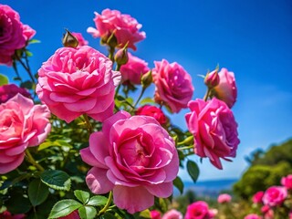 Obraz premium Blooming & Non-Blooming Pink Roses Against a Vivid Blue Sky - Candid Stock Photo