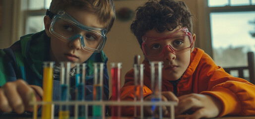 Curious Kids Engaged in Homeschooling Science Experiment with Test Tubes and Goggles