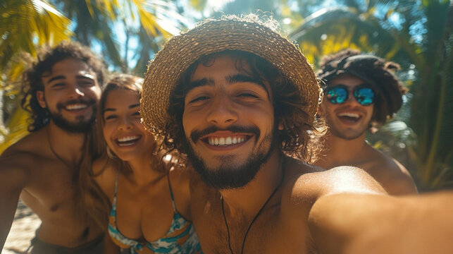 Grupa przyjaci&oacute;ł robi sobie selfie na wycieczce, młodzi usmiechnięci ludzie, tło generative ai 