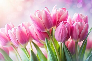Fototapeta premium Blooming Pink Tulips Spring Flowers Long Exposure White Background Stock Photo