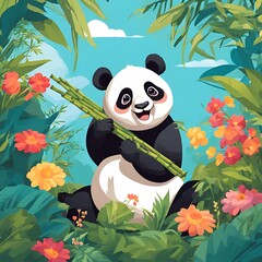 A playful cartoon-style panda holding a bamboo shoot, surrounded by lush green foliage and vibrant flowers, smiling happily under a bright blue sky.