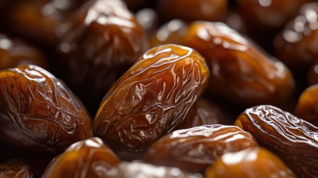 Close-up shot of many dates, a rich brown color with glossy texture.  Sweet, delicious and nutritious fruit.